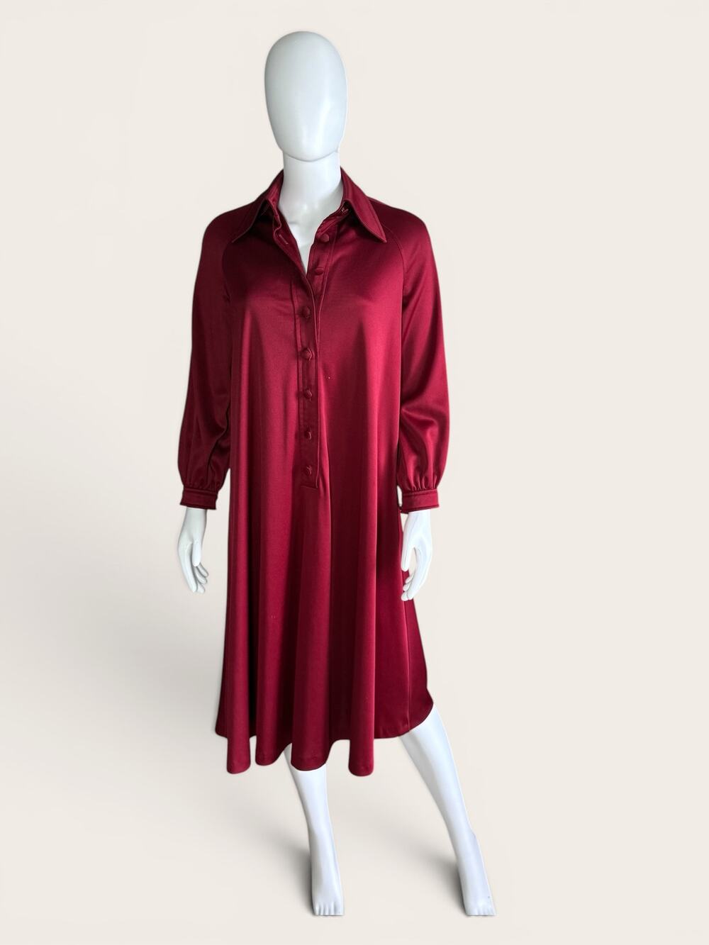 Burgundy Long Sleeve Button Front Shirt Midi Dress